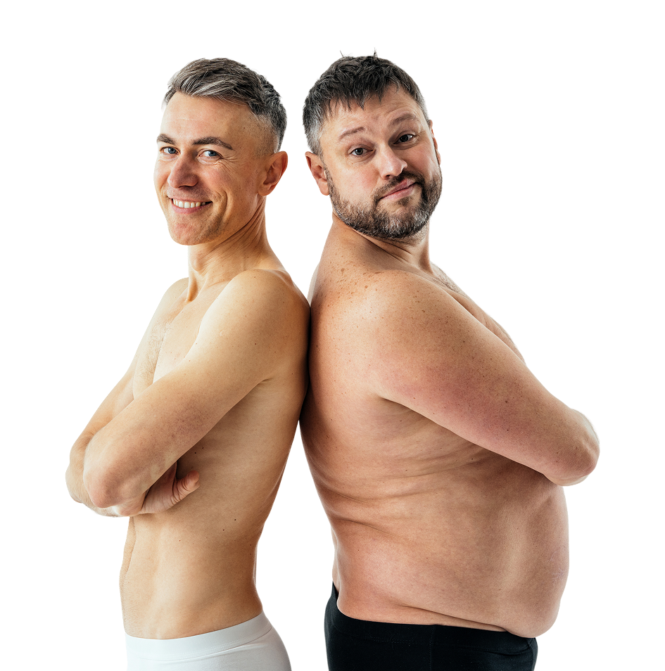 Slim man and a heavier man standing back to back, showing different body shapes