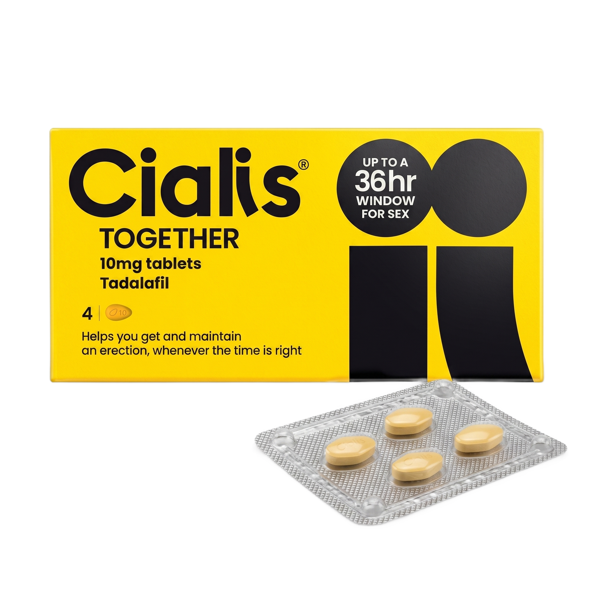Cialis Together (tadalafil) 10mg tablets box of four with blister strip of yellow tablets