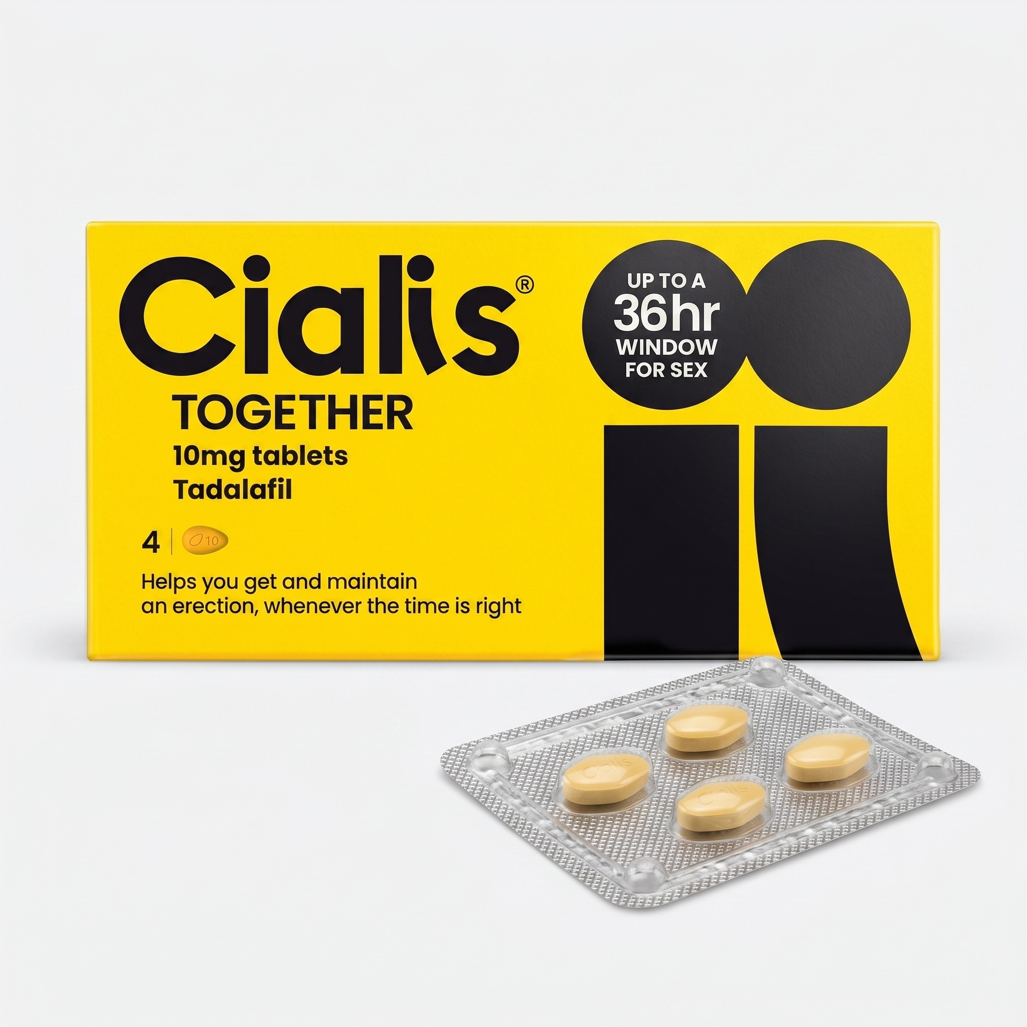 Cialis Together (tadalafil) 10mg tablets box of four with blister strip of yellow tablets