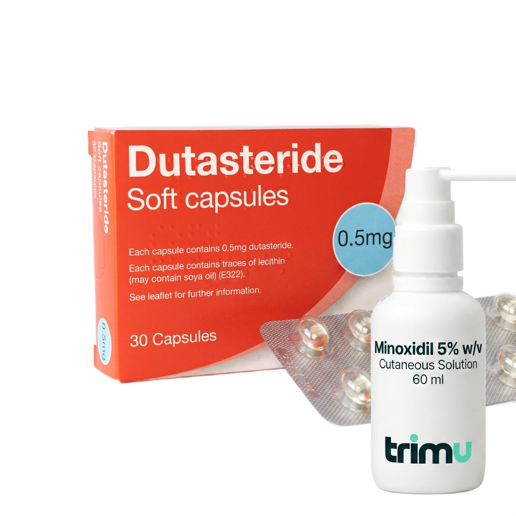 Dutasteride 0.5mg soft capsules box and Trimu Minoxidil 5% w/v cutaneous solution 60ml spray bottle