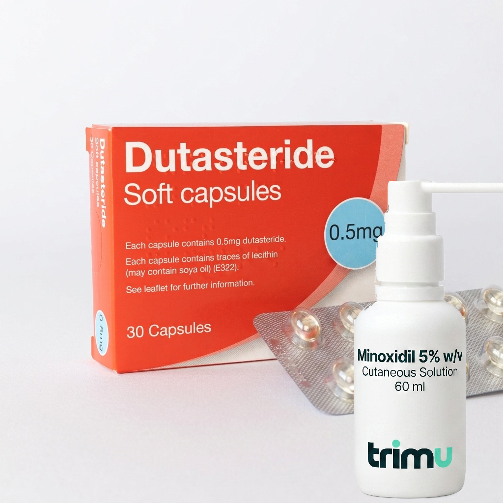 Dutasteride 0.5mg soft capsules box and Trimu Minoxidil 5% w/v cutaneous solution 60ml spray bottle