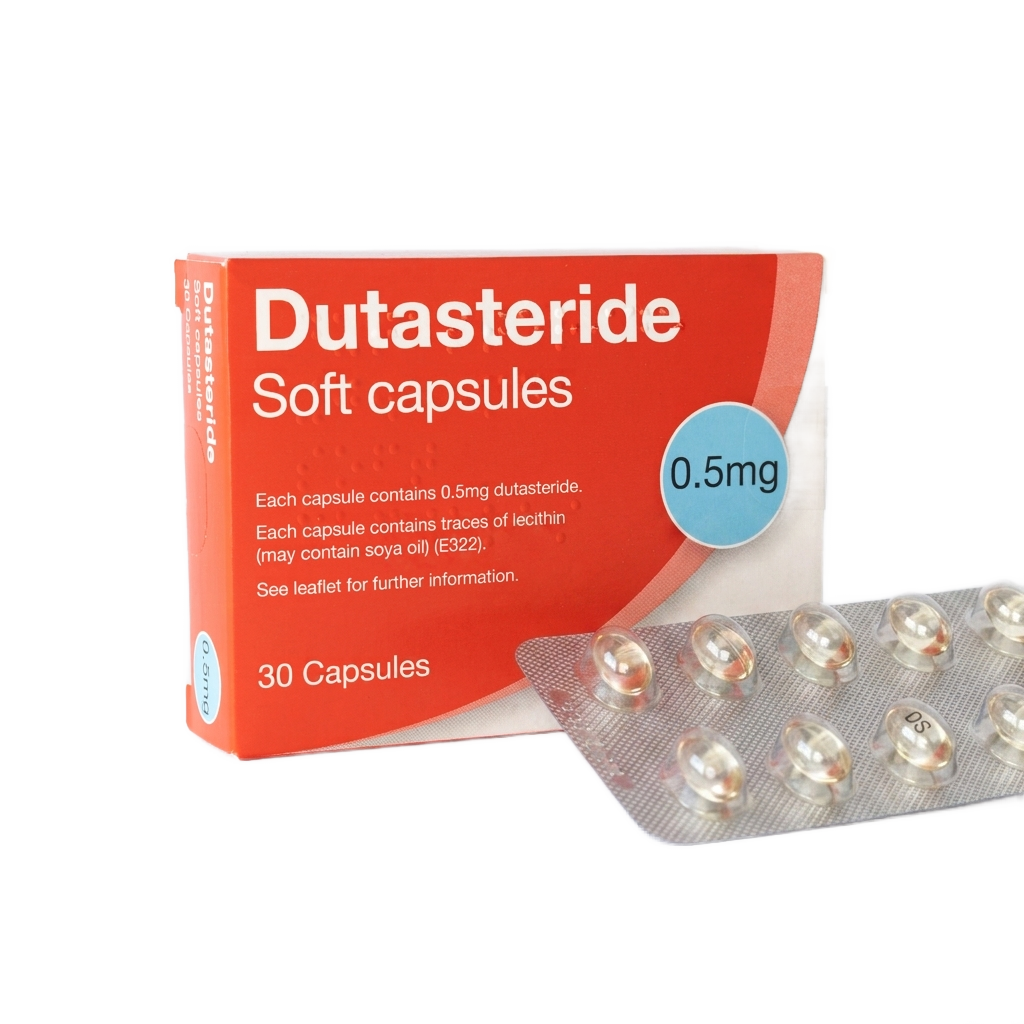 Dutasteride 0.5mg soft capsules box of 30 with blister strip of clear capsules