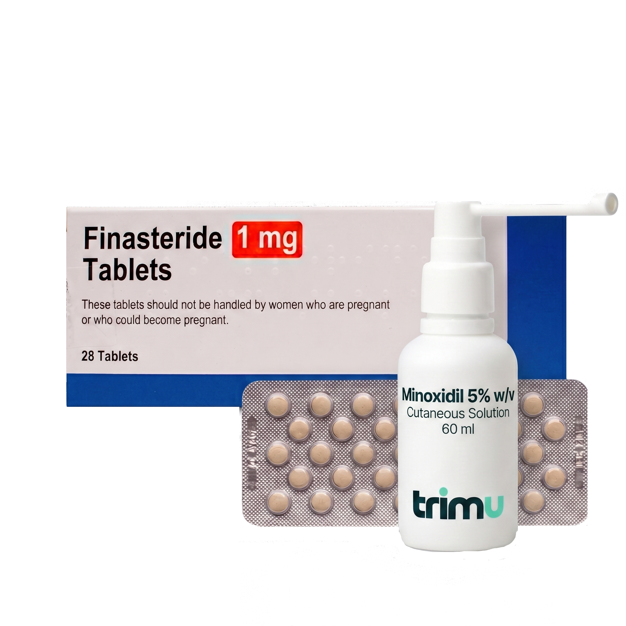 Finasteride 1mg tablets box and Trimu Minoxidil 5% w/v cutaneous solution 60ml spray bottle