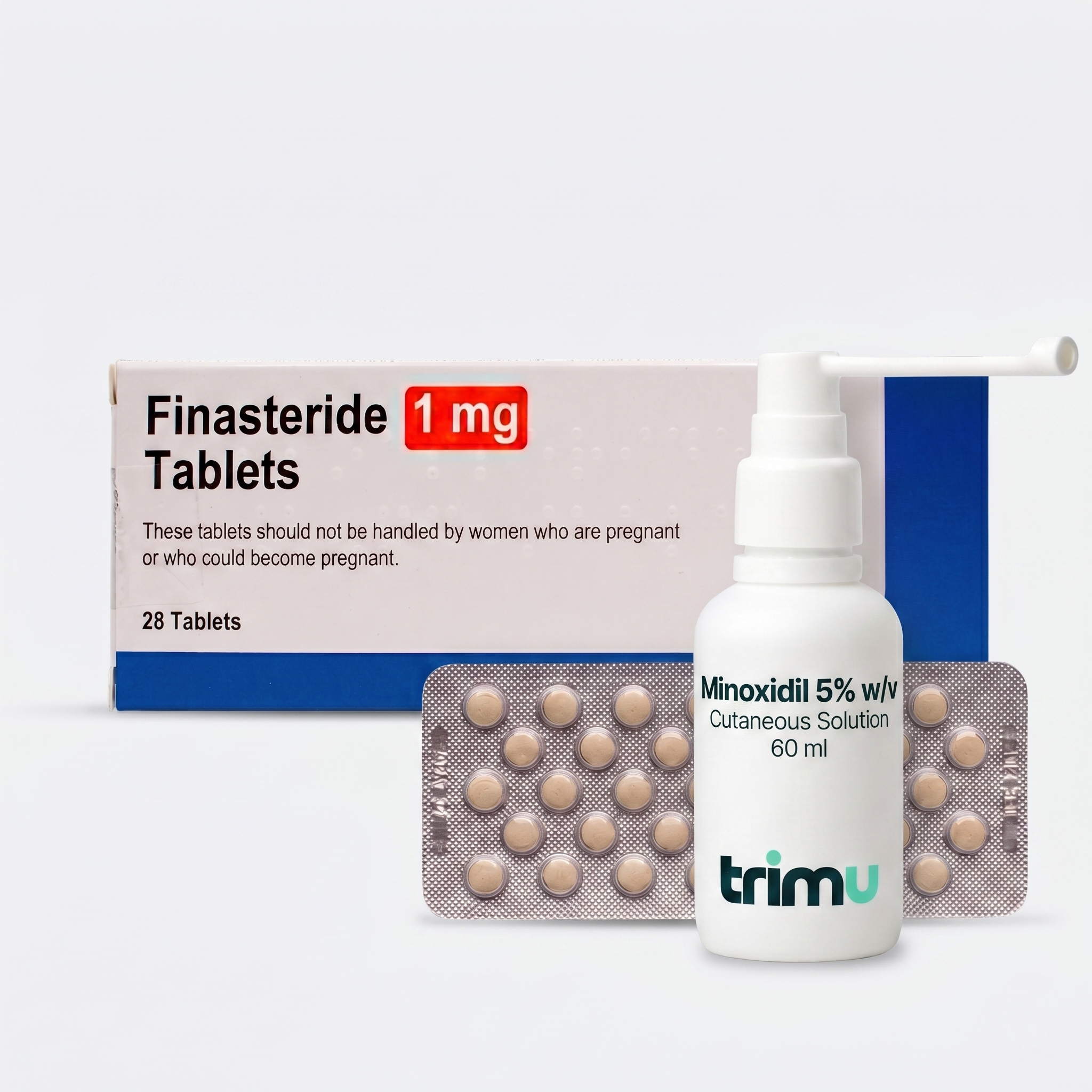 Finasteride 1mg tablets box and Trimu Minoxidil 5% w/v cutaneous solution 60ml spray bottle