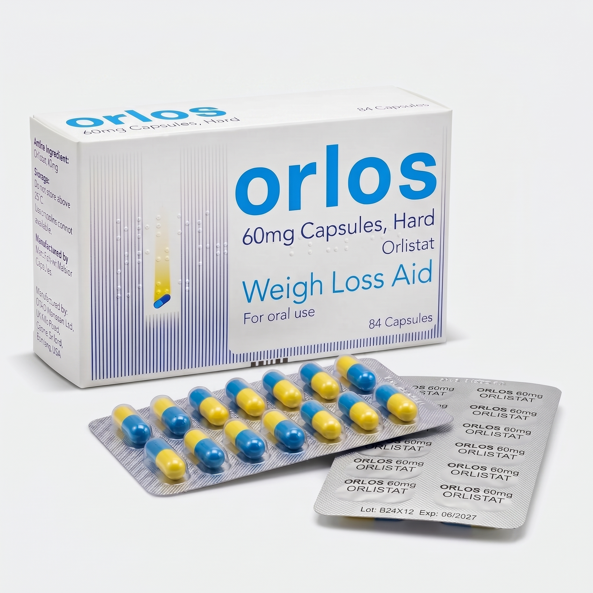 Orlos (orlistat) 60mg hard capsules weight loss aid, box of 84, with blister strips of blue and yellow capsules