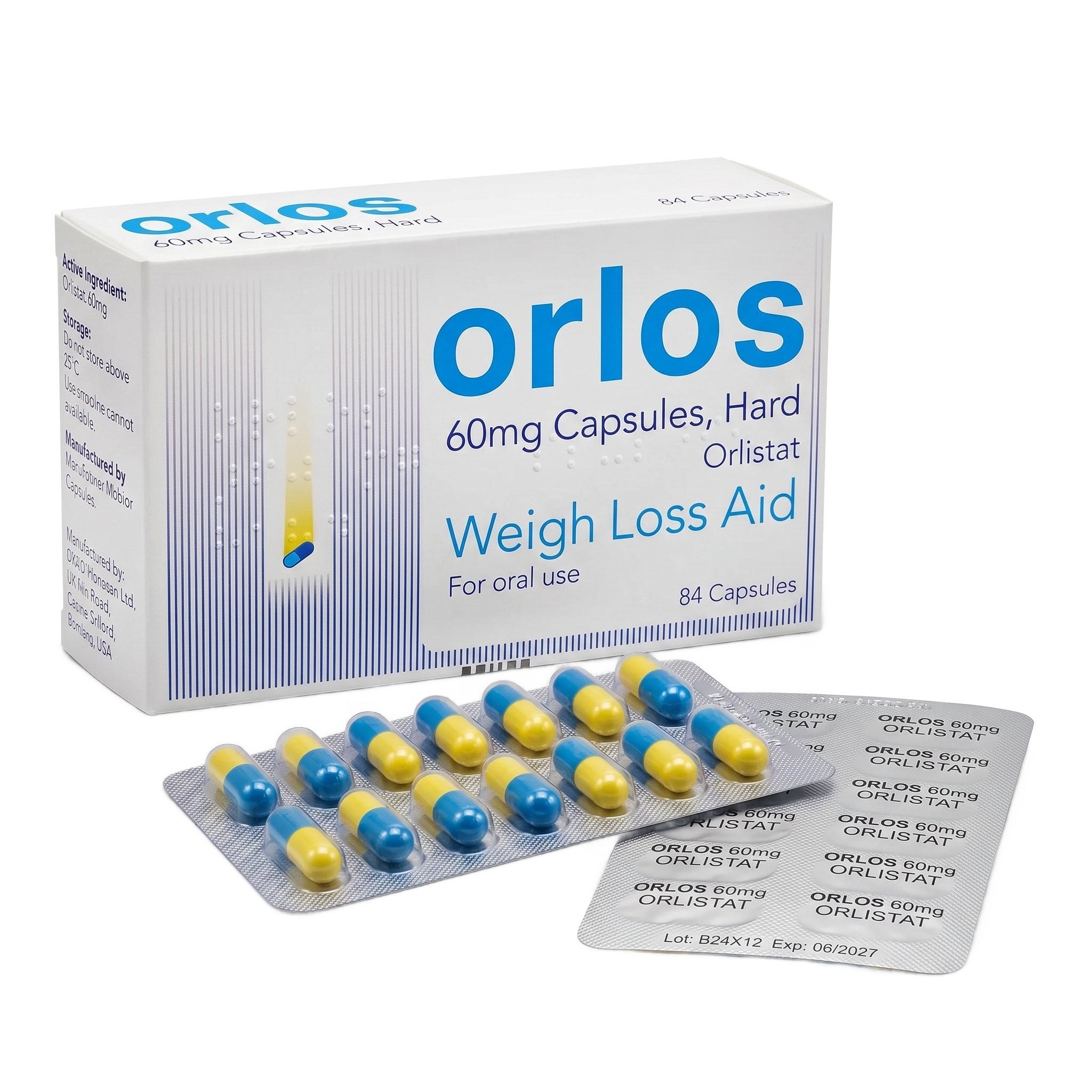 Orlos (orlistat) 60mg capsules box of 84 with blister strips of blue and yellow capsules