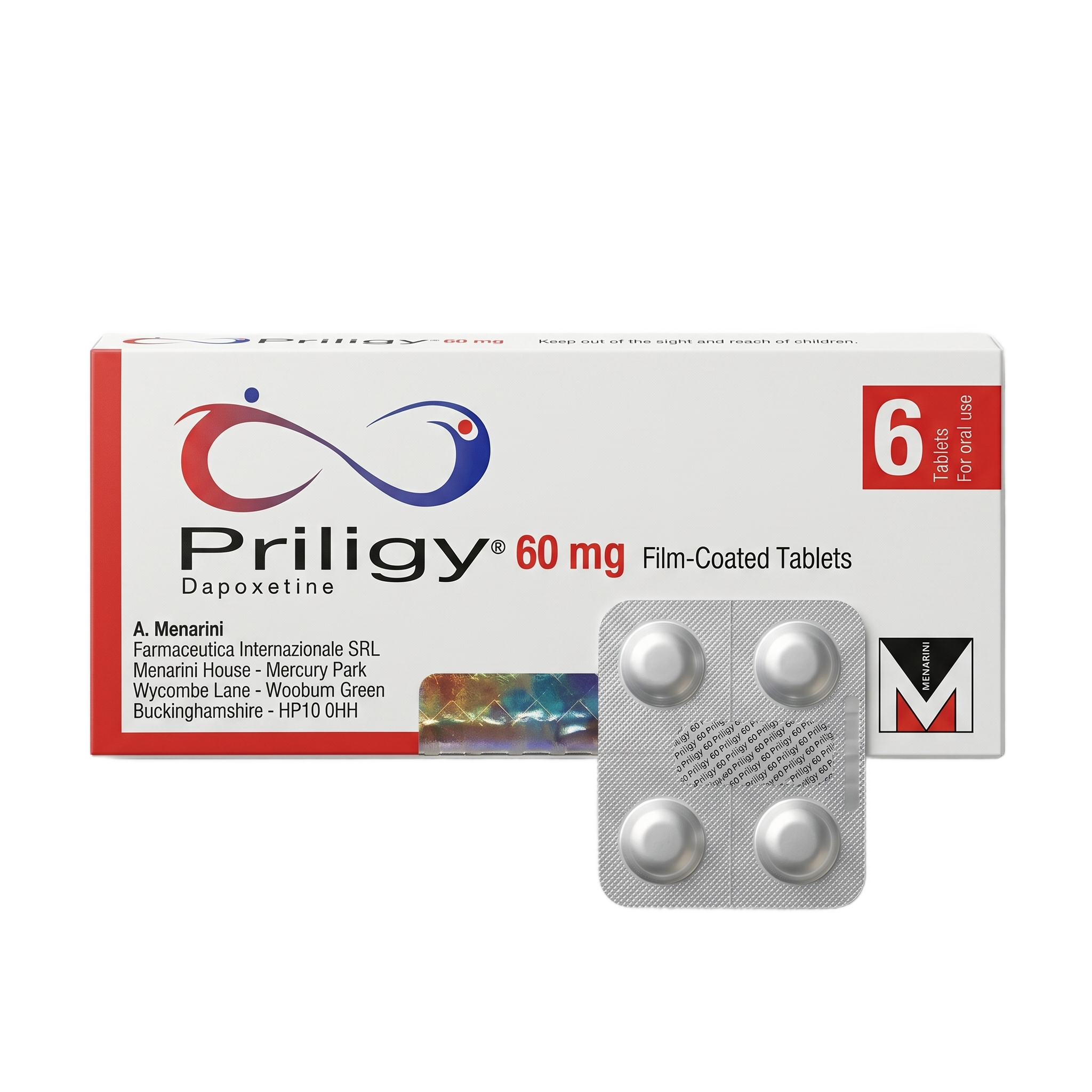 Priligy (dapoxetine) 60mg film-coated tablets box of 6 with a blister strip of tablets