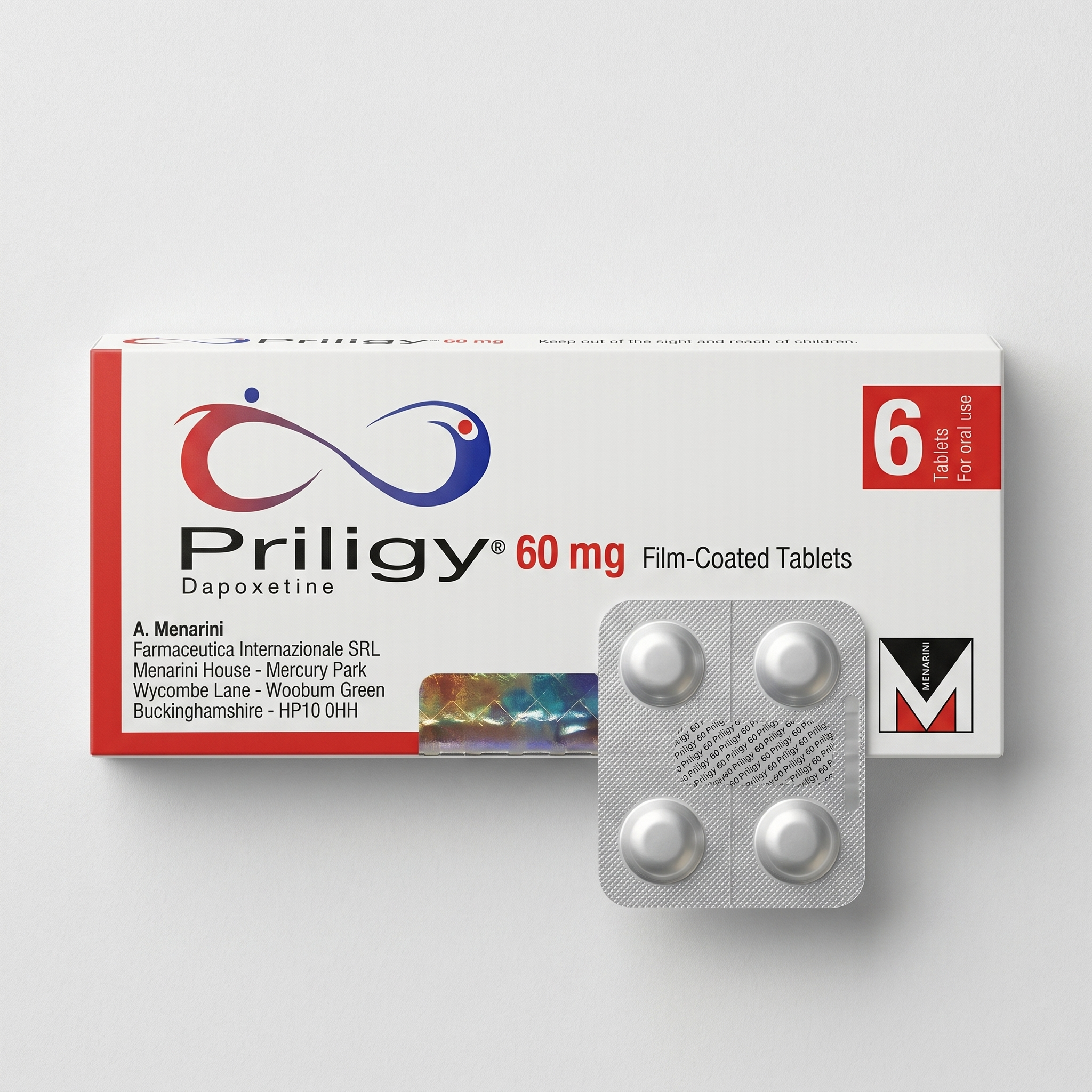 Priligy (dapoxetine) 60mg film-coated tablets, box of 6, with blister strip of four tablets