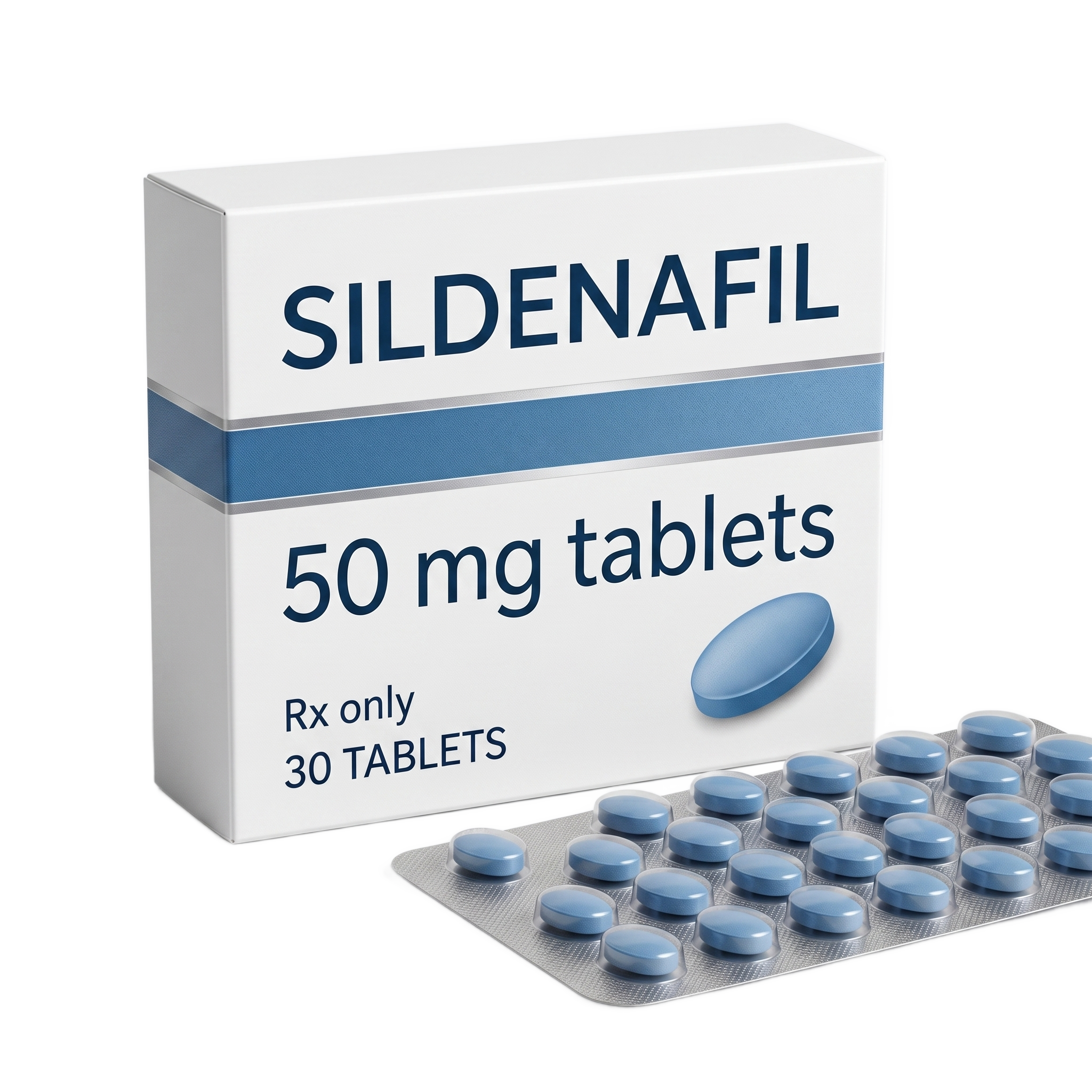 Sildenafil 50mg tablets box of 30 with a blister strip of blue tablets