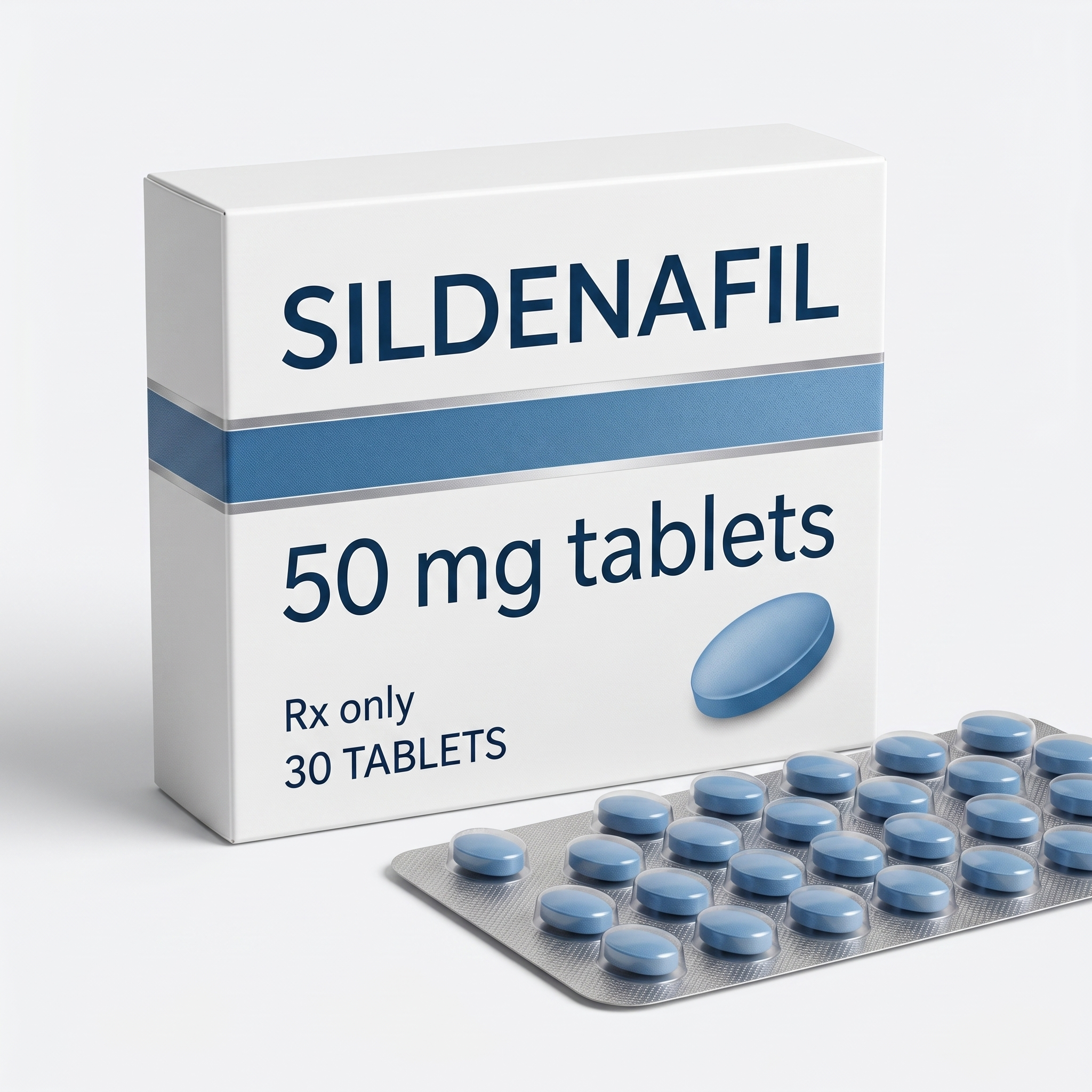 Sildenafil 50mg tablets box of 30 beside a blister strip of blue tablets