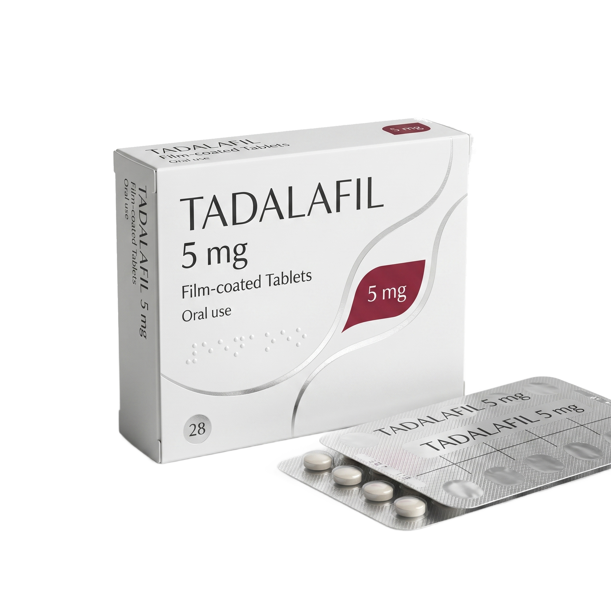 Tadalafil 5mg film-coated tablets box with two blister strips of white tablets