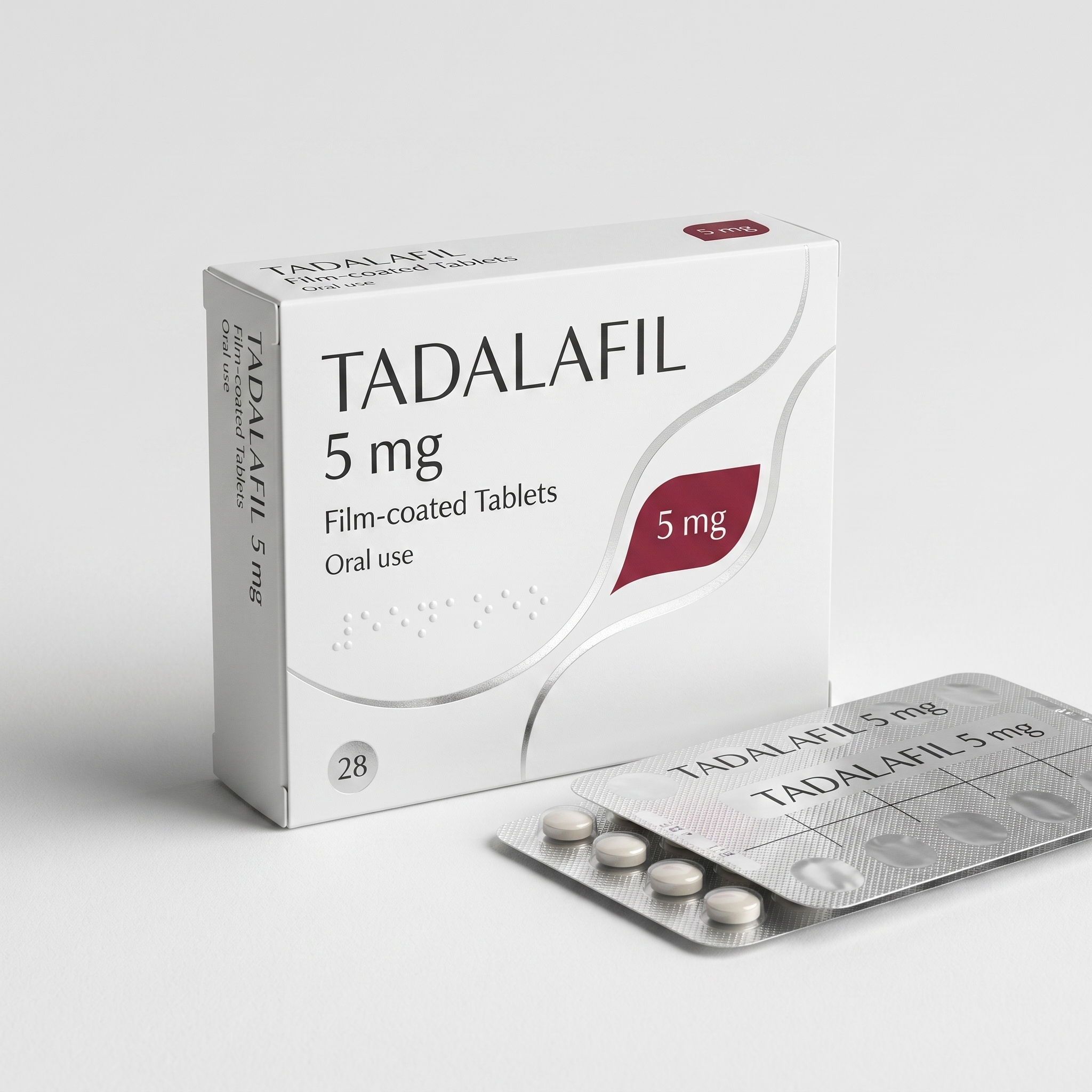 Tadalafil 5mg film-coated tablets box with two blister strips of white tablets