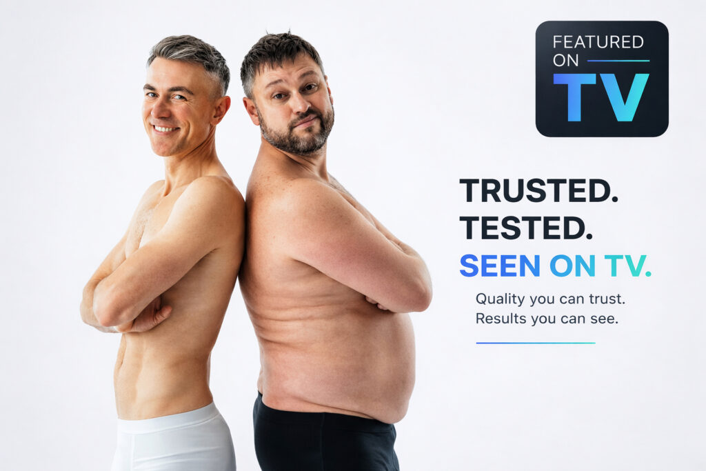 Two men standing back to back beside the words Trusted. Tested. Seen on TV.