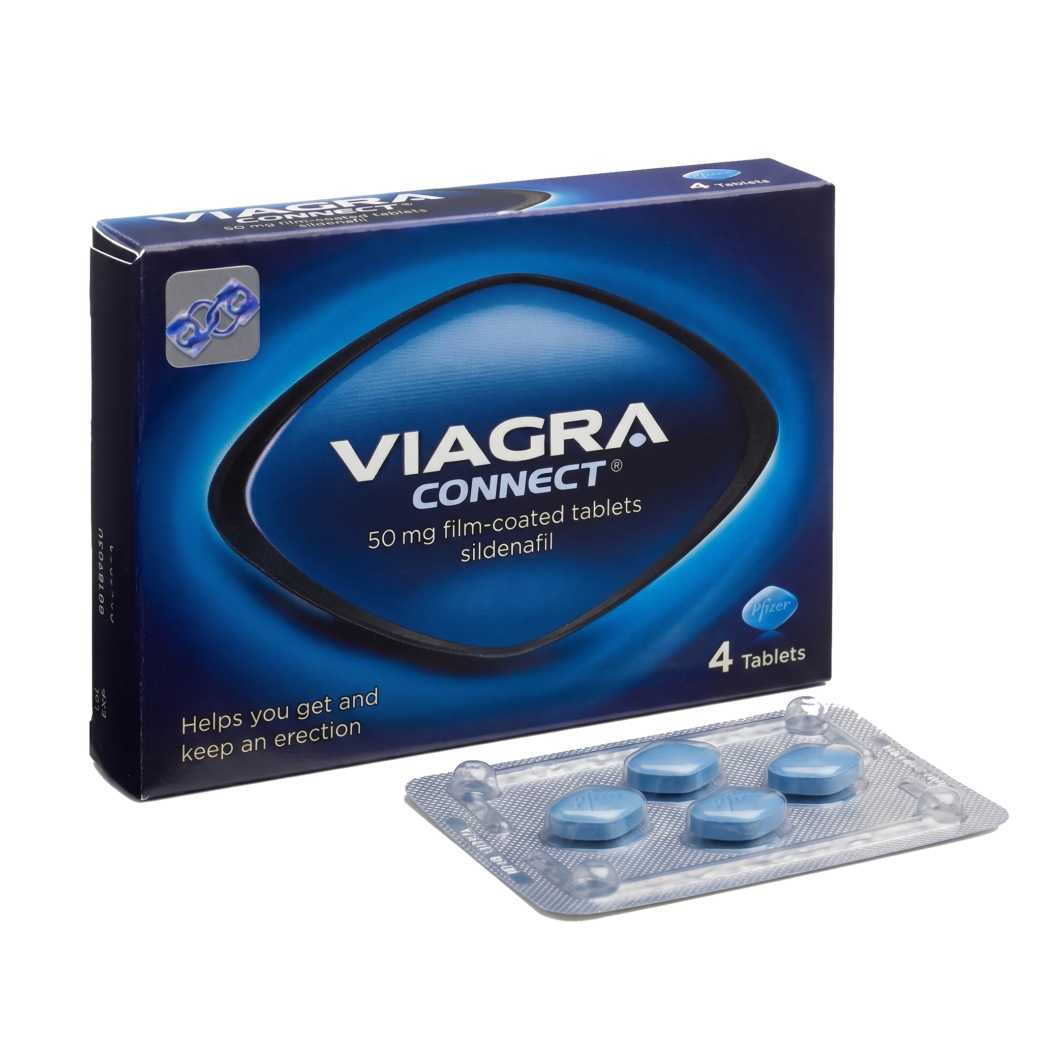 Viagra Connect (sildenafil) 50mg film-coated tablets box with a blister of four blue tablets