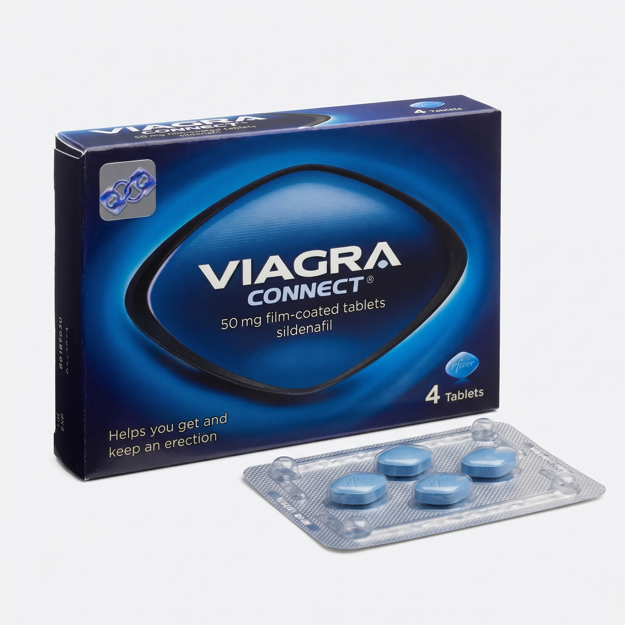 Viagra Connect (sildenafil) 50mg film-coated tablets box with a blister of four blue tablets