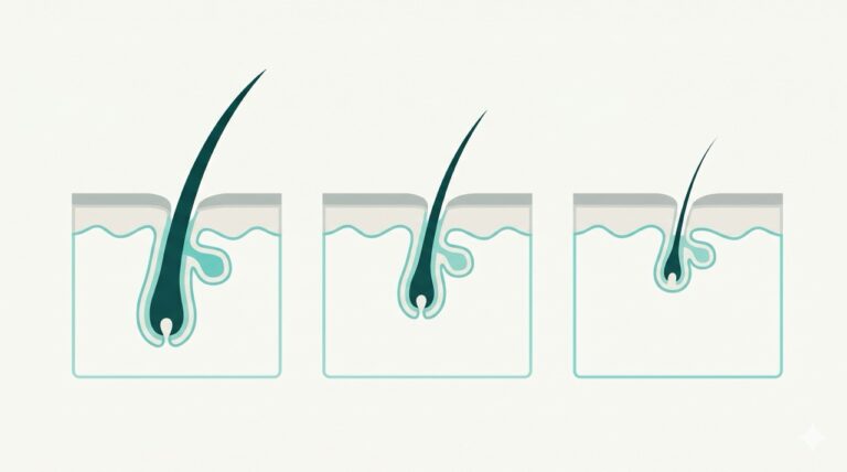 Diagram of hair follicle miniaturisation in three stages, the hair becoming progressively thinner and shorter