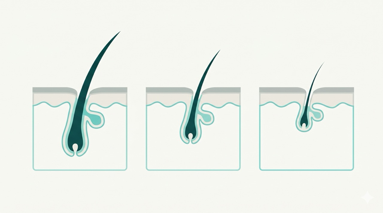 Diagram of hair follicle miniaturisation in three stages, the hair becoming progressively thinner and shorter