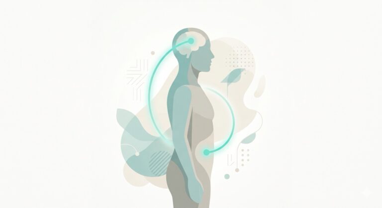 Stylised illustration of a person in profile with a glowing line connecting the brain to the stomach