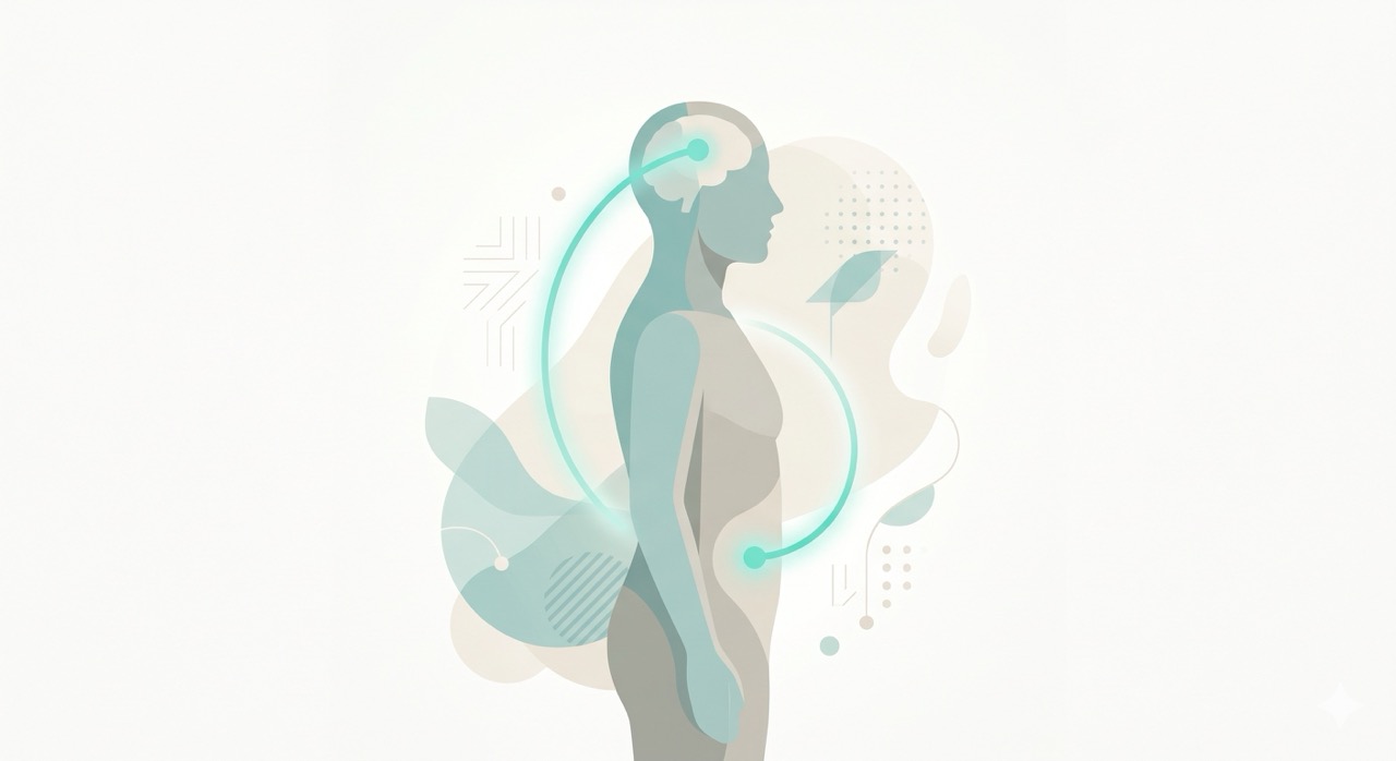 Stylised illustration of a person in profile with a glowing line connecting the brain to the stomach