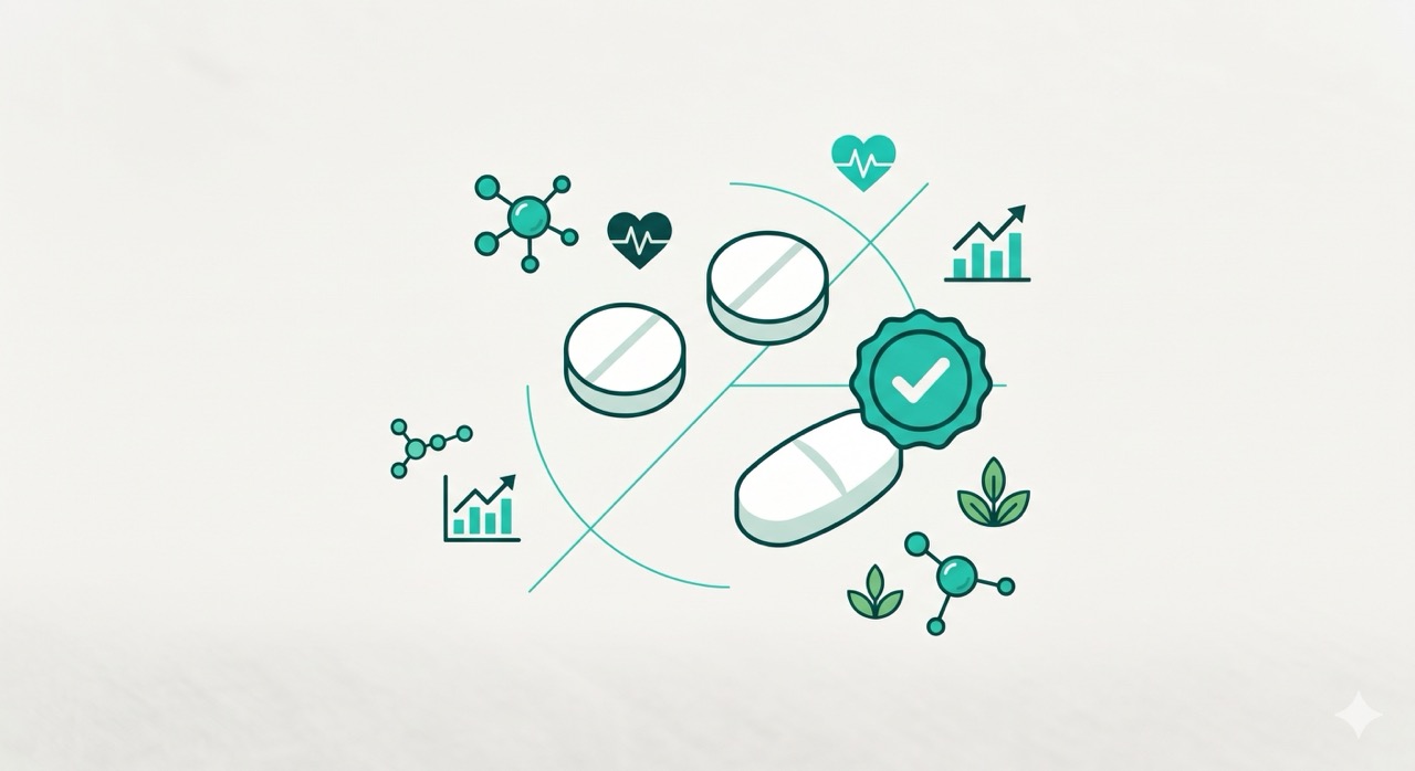 Illustration of round and oval tablets surrounded by heart-rate, molecule and chart icons, with a green tick badge